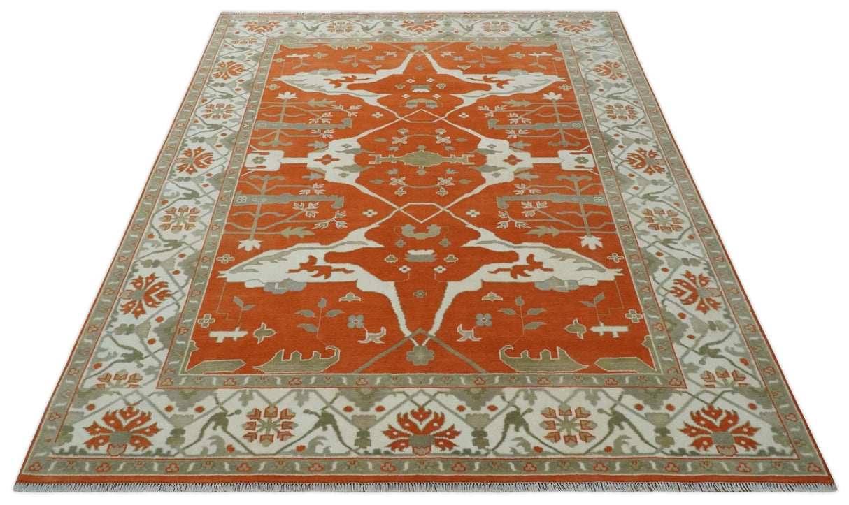 Orange, Ivory and Olive Hand knotted Oriental Oushak Multi Size wool Area Rug