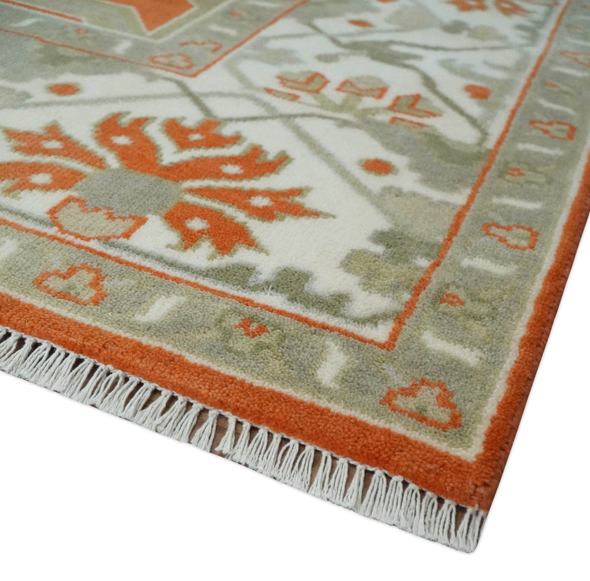 Orange, Ivory and Olive Hand knotted Oriental Oushak Multi Size wool Area Rug