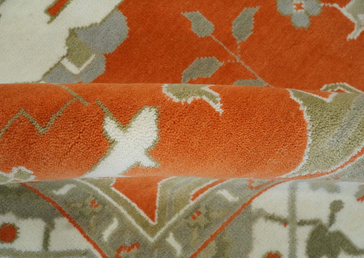 Orange, Ivory and Olive Hand knotted Oriental Oushak Multi Size wool Area Rug