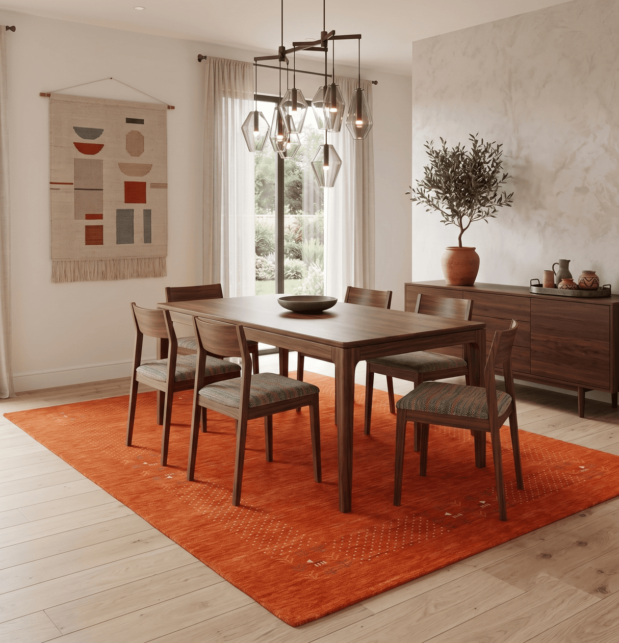 Orange Solid ground with Border Pattern Loomed Wool Area Rug