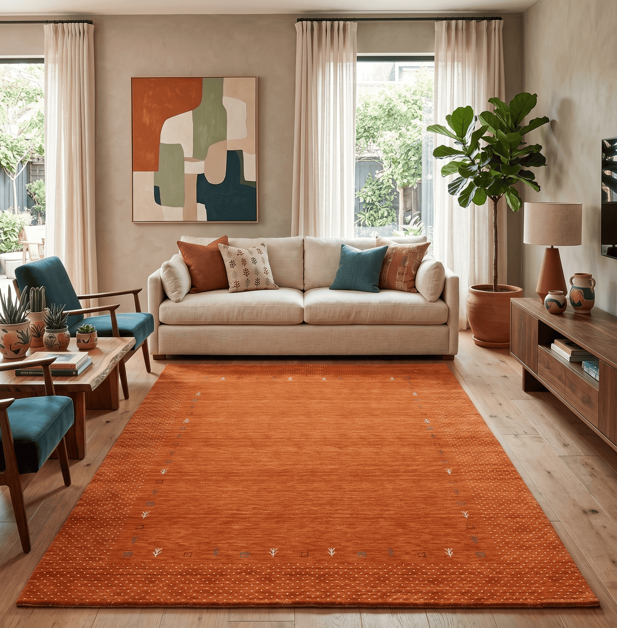 Orange Tribal Gabbeh Border Design Hand Loomed Wool Area Rug
