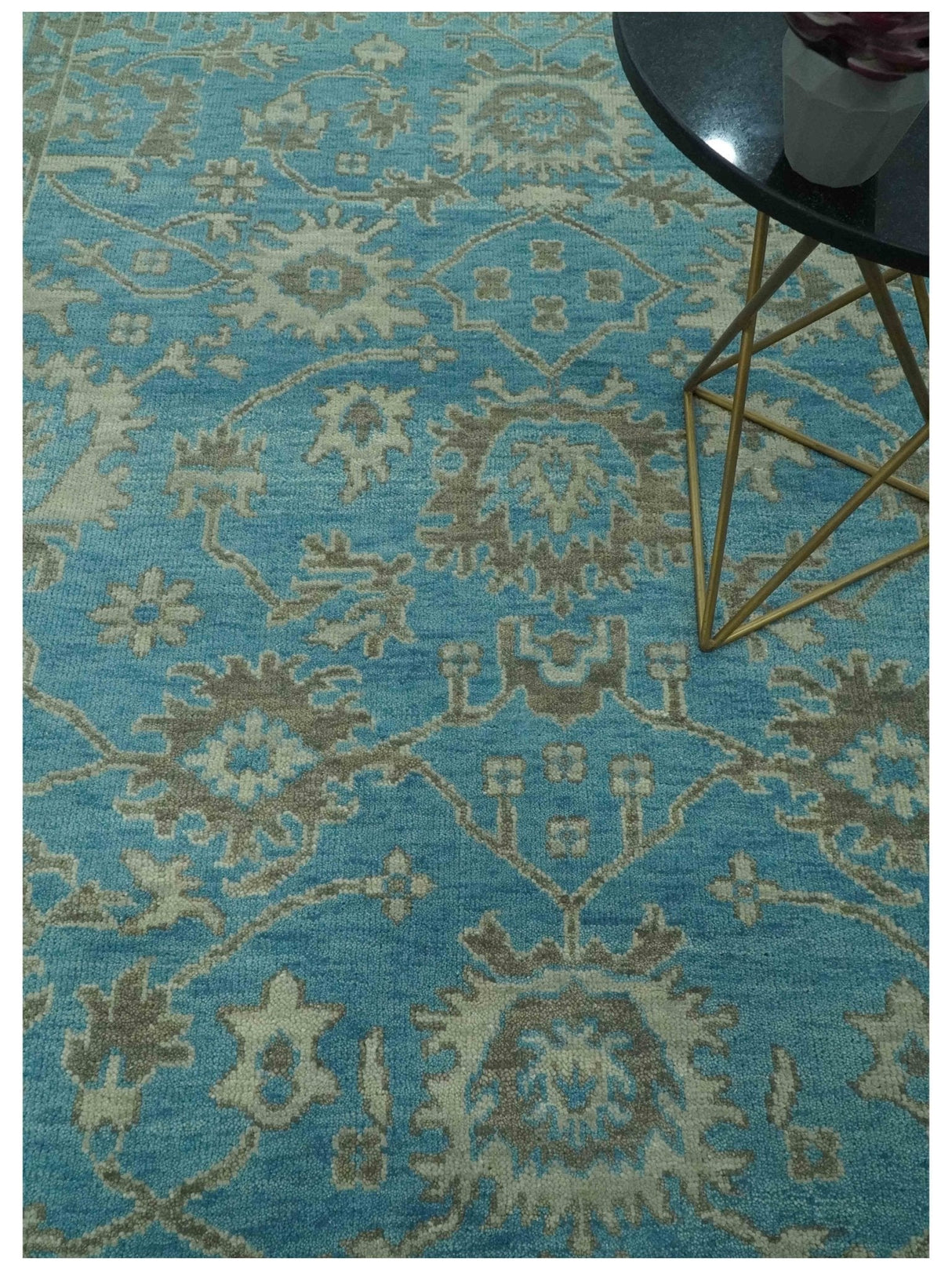 Origin Custom Made Blue and Beige Oushak Hand Knotted Wool Rug