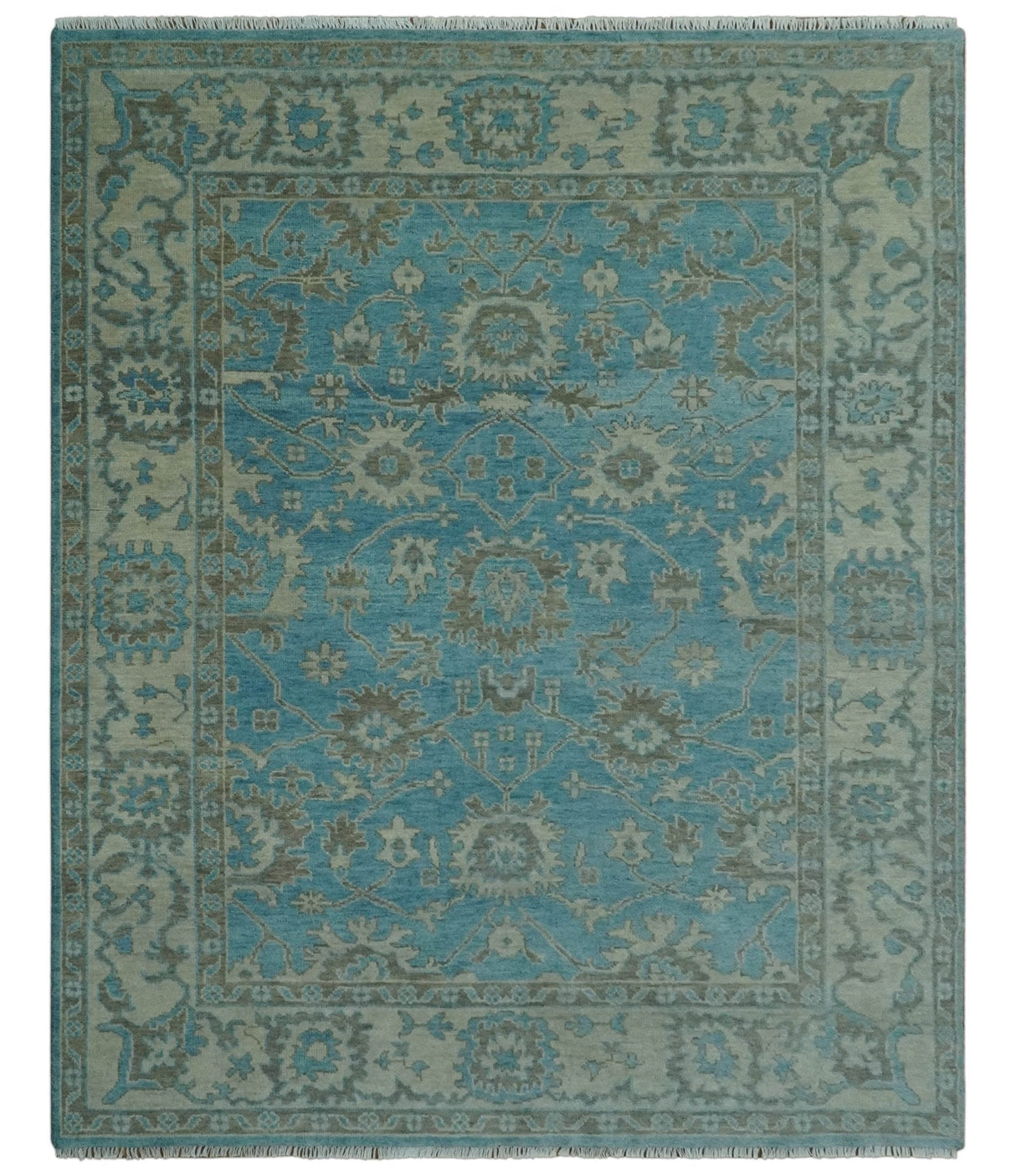 Origin Custom Made Blue and Beige Oushak Hand Knotted Wool Rug