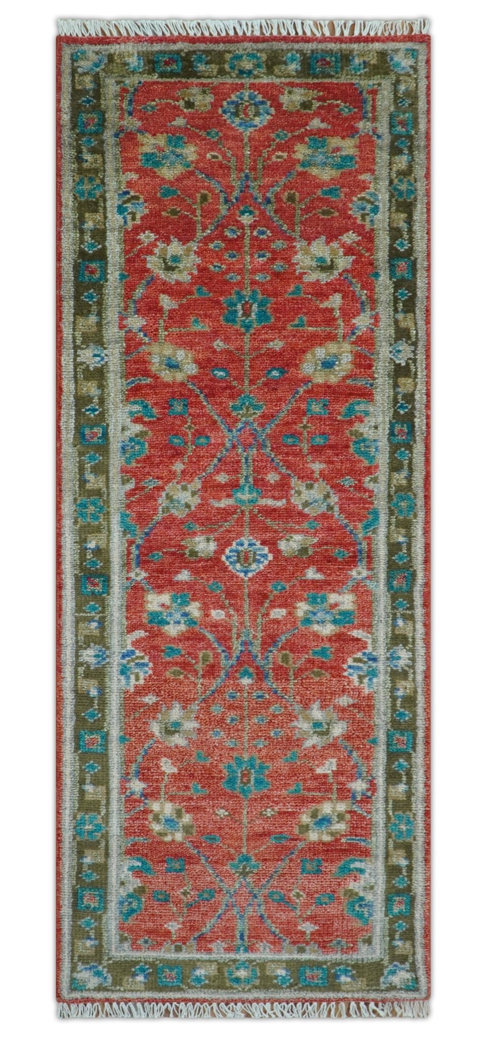 Oushak Design Red And Green 2.6x8 Hand knotted Wool Rug