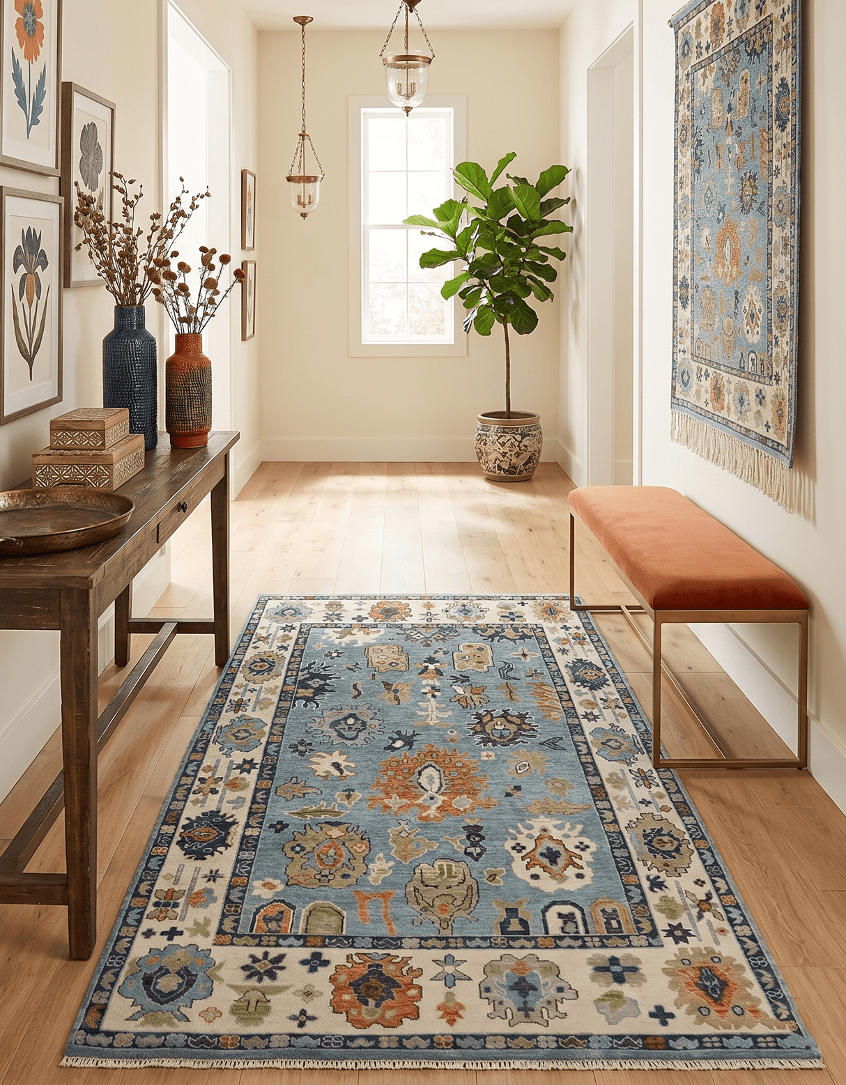 Oushak Hand Knotted Blue and Ivory Traditional Wool Multi Size wool Area Rug