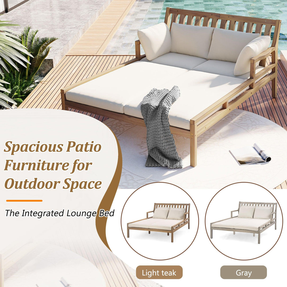 Outdoor Daybed, Patio Daybed with Four Pillows, Wooden Outdoor Bed with Curved Armrests for Poolside, Backyard, Garden-户外家居套装-Parc Decor