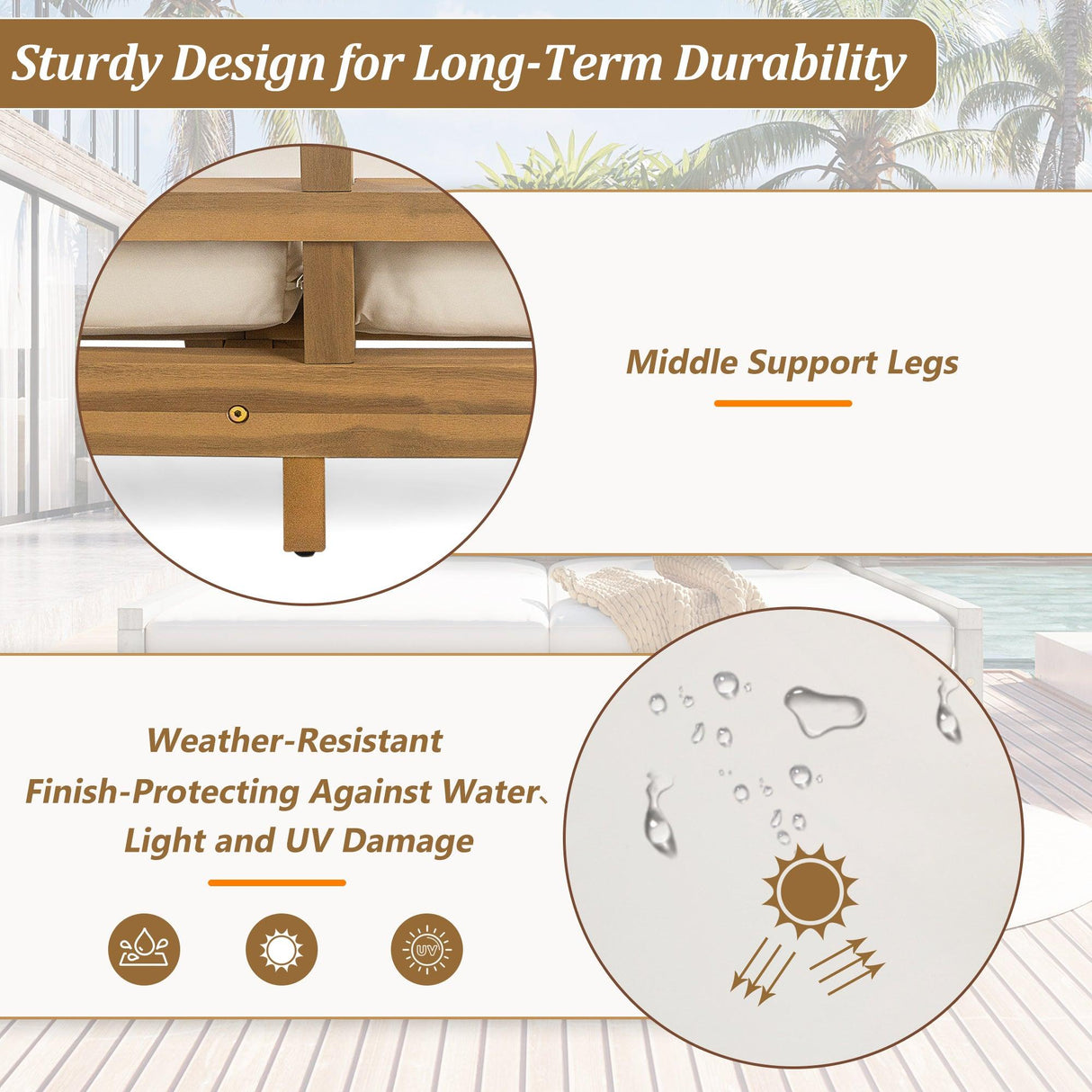 Outdoor Daybed, Patio Daybed with Four Pillows, Wooden Outdoor Bed with Curved Armrests for Poolside, Backyard, Garden-户外家居套装-Parc Decor