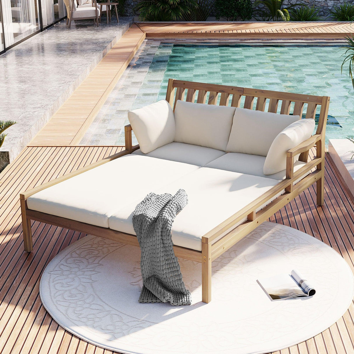Outdoor Daybed, Patio Daybed with Four Pillows, Wooden Outdoor Bed with Curved Armrests for Poolside, Backyard, Garden-户外家居套装-Parc Decor