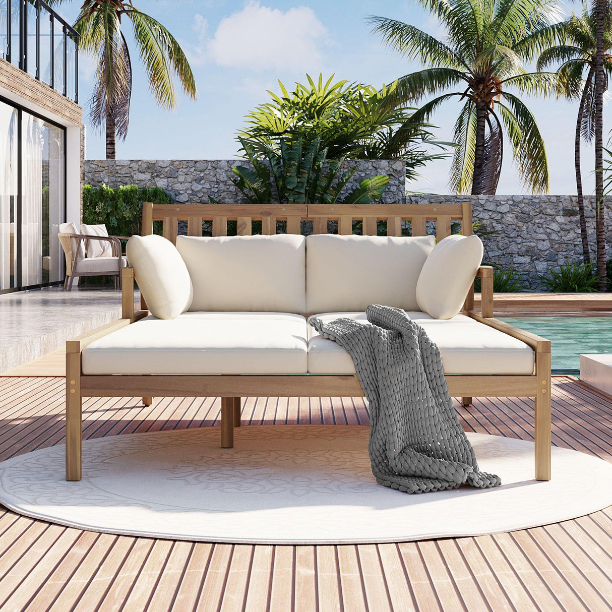 Outdoor Daybed, Patio Daybed with Four Pillows, Wooden Outdoor Bed with Curved Armrests for Poolside, Backyard, Garden-户外家居套装-Parc Decor