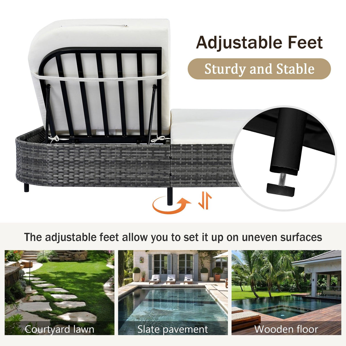 Outdoor Daybed, Patio Rattan Daybed with 5-Position Adjustable Backrest and Removable Cushions & Pillows for Garden, Backyard, Poolside-户外家居套装-Parc Decor