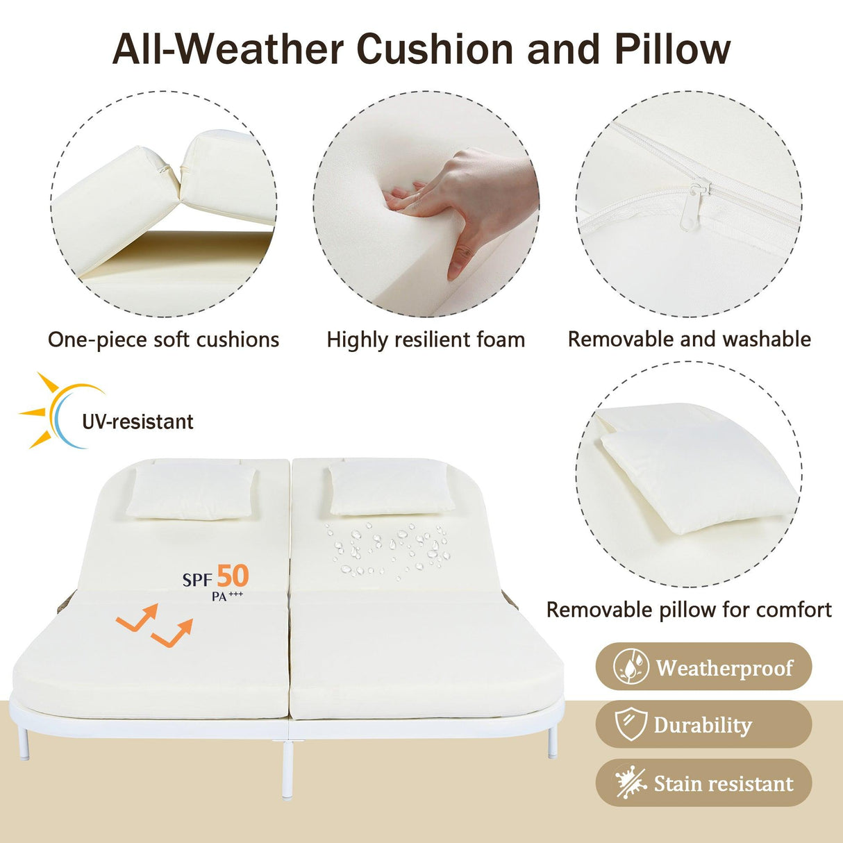 Outdoor Daybed, Patio Rattan Daybed with 5-Position Adjustable Backrest and Removable Cushions & Pillows for Garden, Backyard, Poolside-户外家居套装-Parc Decor