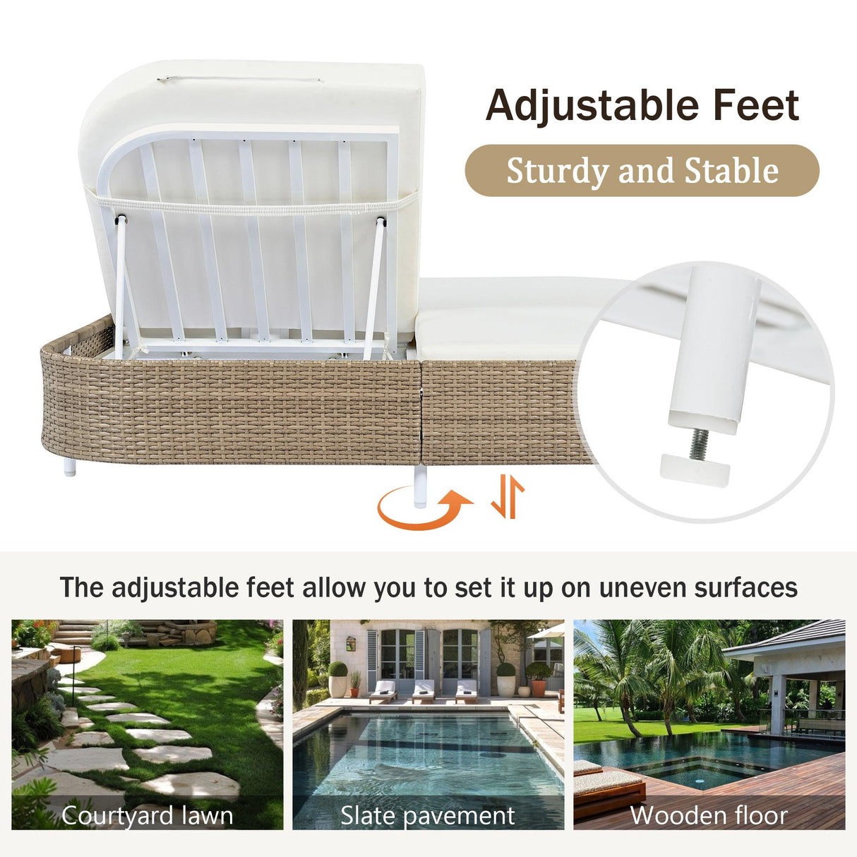 Outdoor Daybed, Patio Rattan Daybed with 5-Position Adjustable Backrest and Removable Cushions & Pillows for Garden, Backyard, Poolside-户外家居套装-Parc Decor