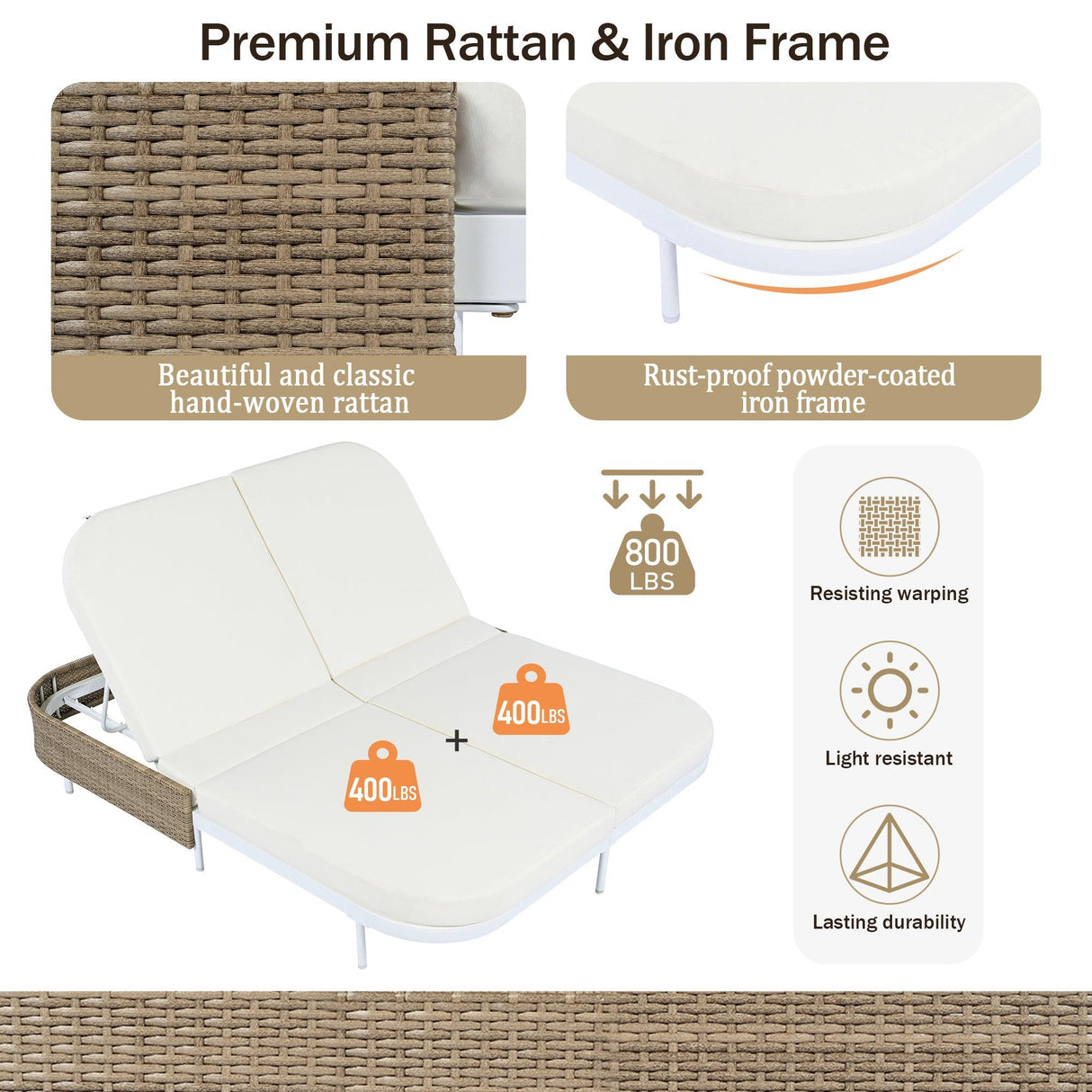 Outdoor Daybed, Patio Rattan Daybed with 5-Position Adjustable Backrest and Removable Cushions & Pillows for Garden, Backyard, Poolside-户外家居套装-Parc Decor