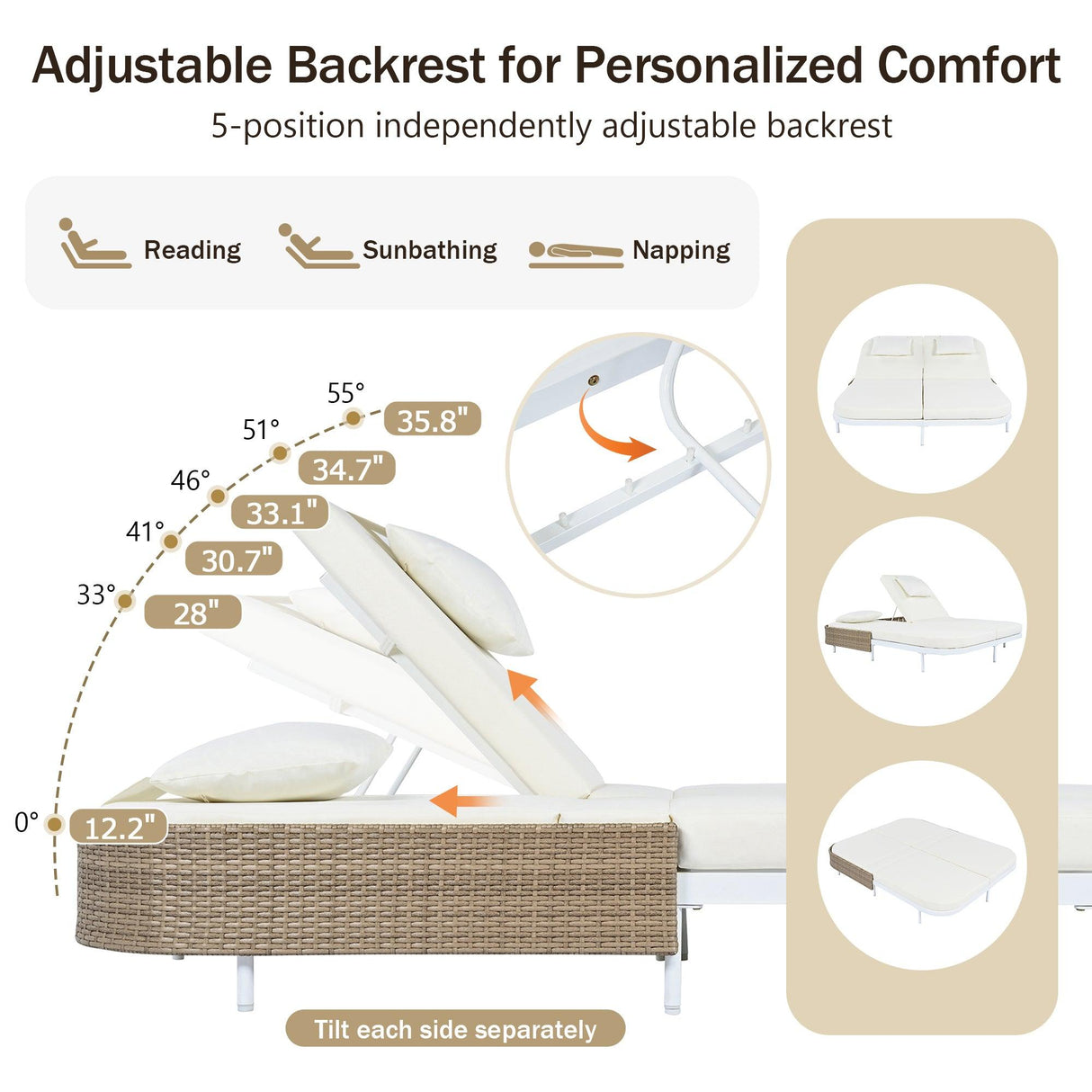 Outdoor Daybed, Patio Rattan Daybed with 5-Position Adjustable Backrest and Removable Cushions & Pillows for Garden, Backyard, Poolside-户外家居套装-Parc Decor