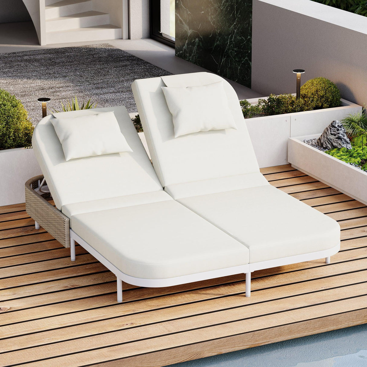 Outdoor Daybed, Patio Rattan Daybed with 5-Position Adjustable Backrest and Removable Cushions & Pillows for Garden, Backyard, Poolside-户外家居套装-Parc Decor