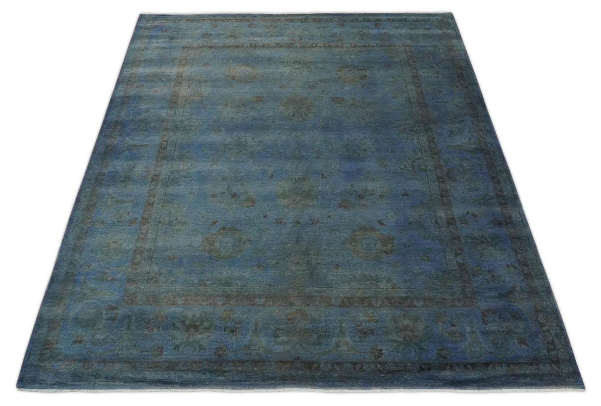 Overdyed Blue Hand Knotted 8x10 Traditional Antique Style Oushak Wool Accent Rug
