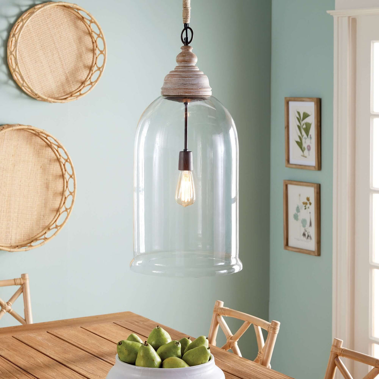 Oversized Glass Cloche Pendant Light with Wood Accent-pendant light-Parc Decor
