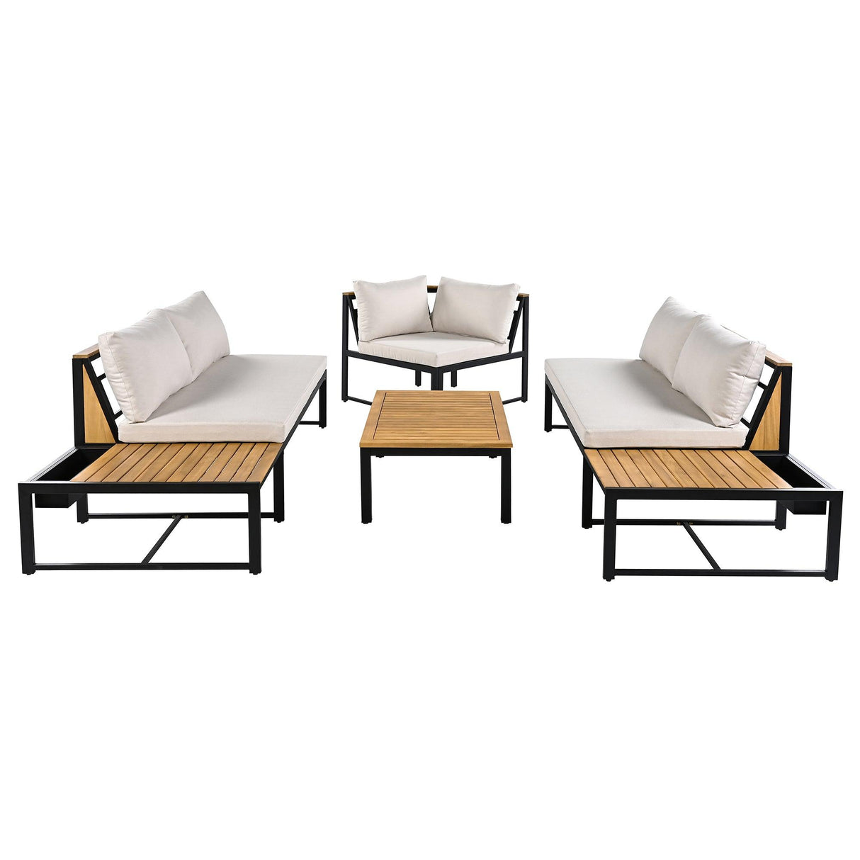 Patio Furniture Set with Loveseats, 4 Pieces Outdoor Sofa Set with Waterproof Cushions, Durable Iron-Wood Design for Garden, Backyard, Poolside-户外组合沙发套装-Parc Decor