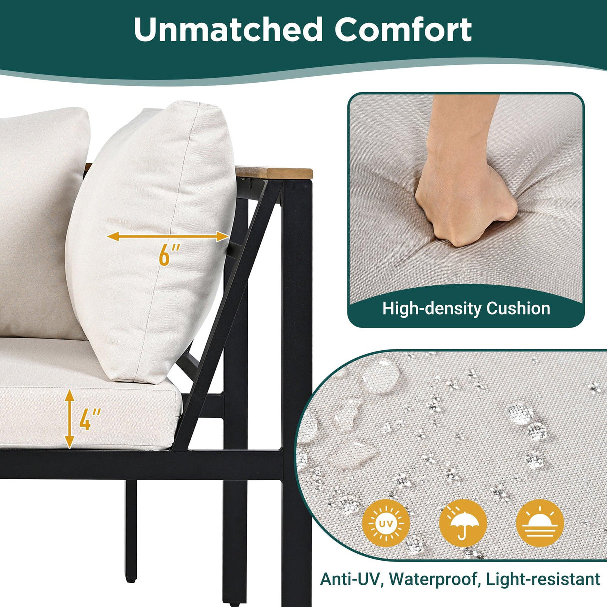 Patio Furniture Set with Loveseats, 4 Pieces Outdoor Sofa Set with Waterproof Cushions, Durable Iron-Wood Design for Garden, Backyard, Poolside-户外组合沙发套装-Parc Decor