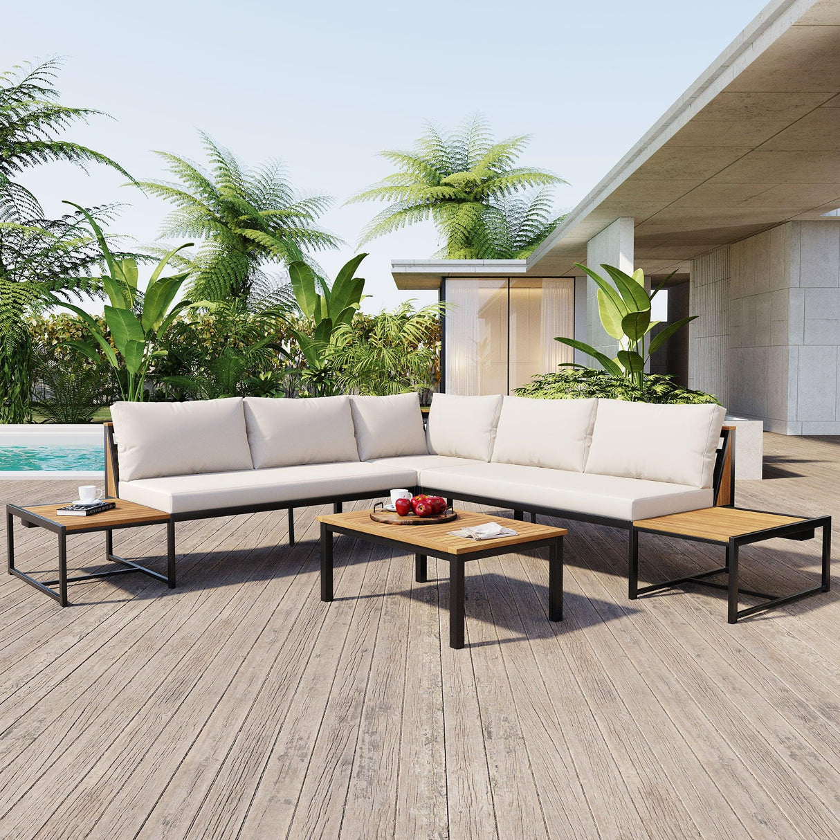 Patio Furniture Set with Loveseats, 4 Pieces Outdoor Sofa Set with Waterproof Cushions, Durable Iron-Wood Design for Garden, Backyard, Poolside-户外组合沙发套装-Parc Decor