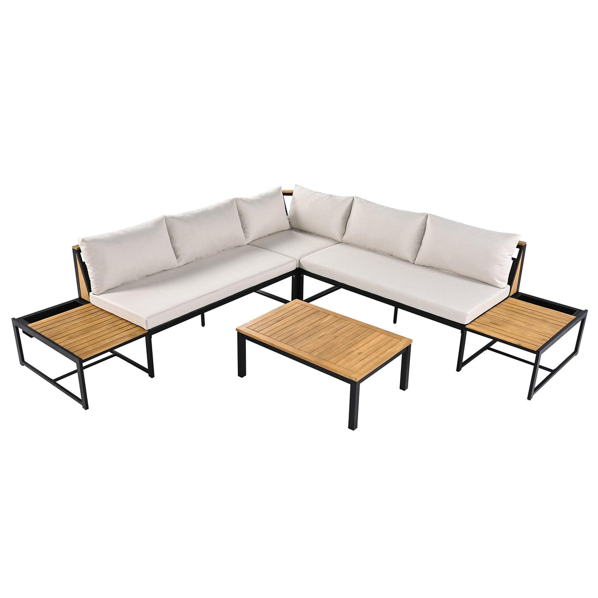 Patio Furniture Set with Loveseats, 4 Pieces Outdoor Sofa Set with Waterproof Cushions, Durable Iron-Wood Design for Garden, Backyard, Poolside-户外组合沙发套装-Parc Decor