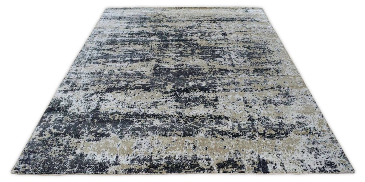 Peach and Charcoal Modern Abstract Hand Knotted Bamboo Silk 8x10 Area Rug