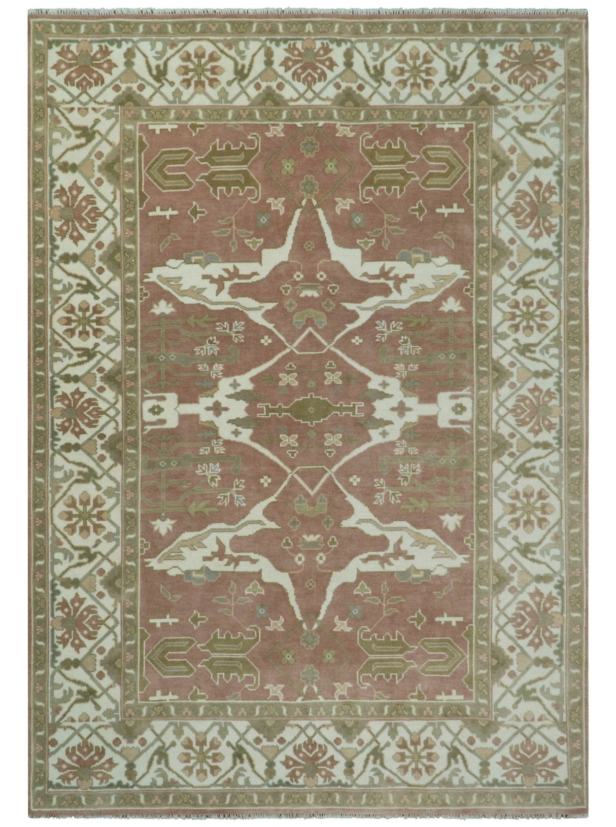 Peach, Ivory and Olive Hand knotted Multi size Oriental Oushak Traditional Wool Area Rug