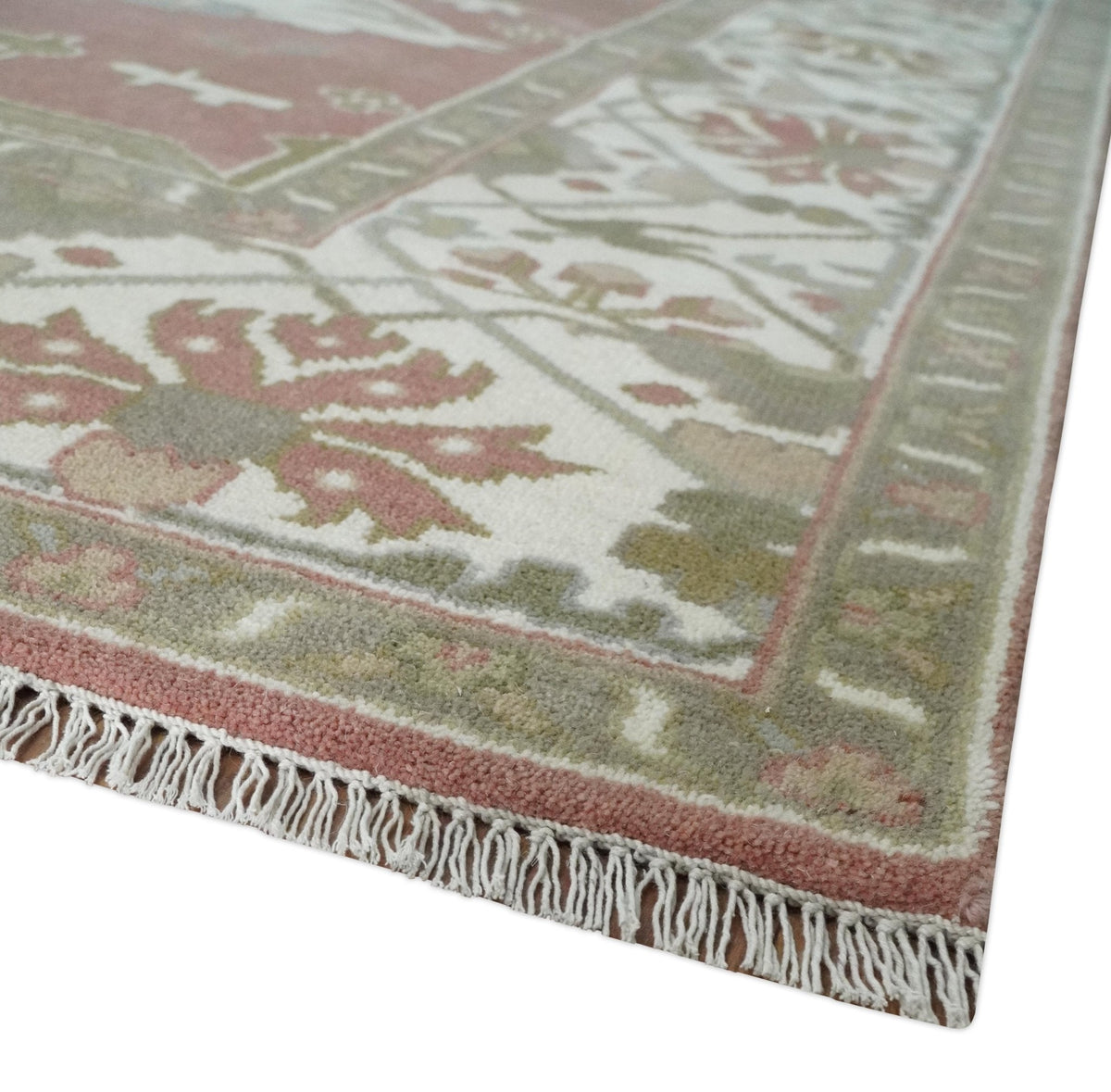 Pfirsich, Elfenbein und Olivgrün handgeknüpfter, mehrfarbiger orientalischer Ouschak-Teppich in verschiedenen Größen aus traditioneller Wolle