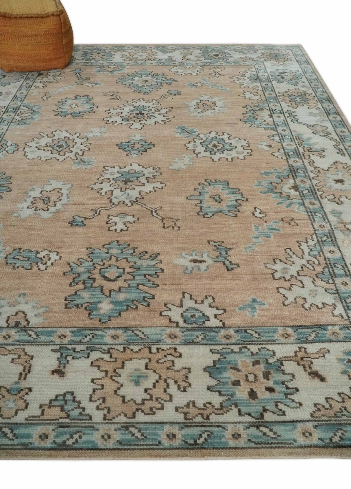 Peach, Ivory and Teal Hand knotted Traditional Oushak 8x10 wool Area Rug