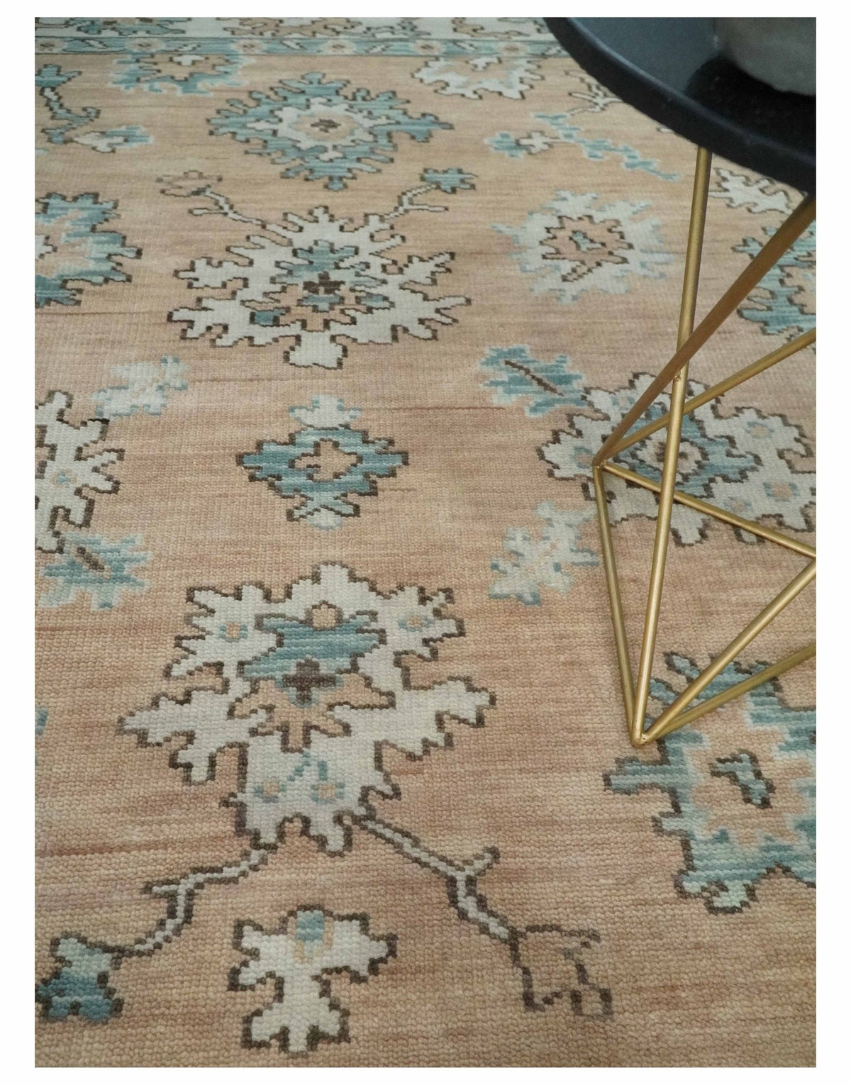 Peach, Ivory and Teal Hand knotted Traditional Oushak 8x10 wool Area Rug