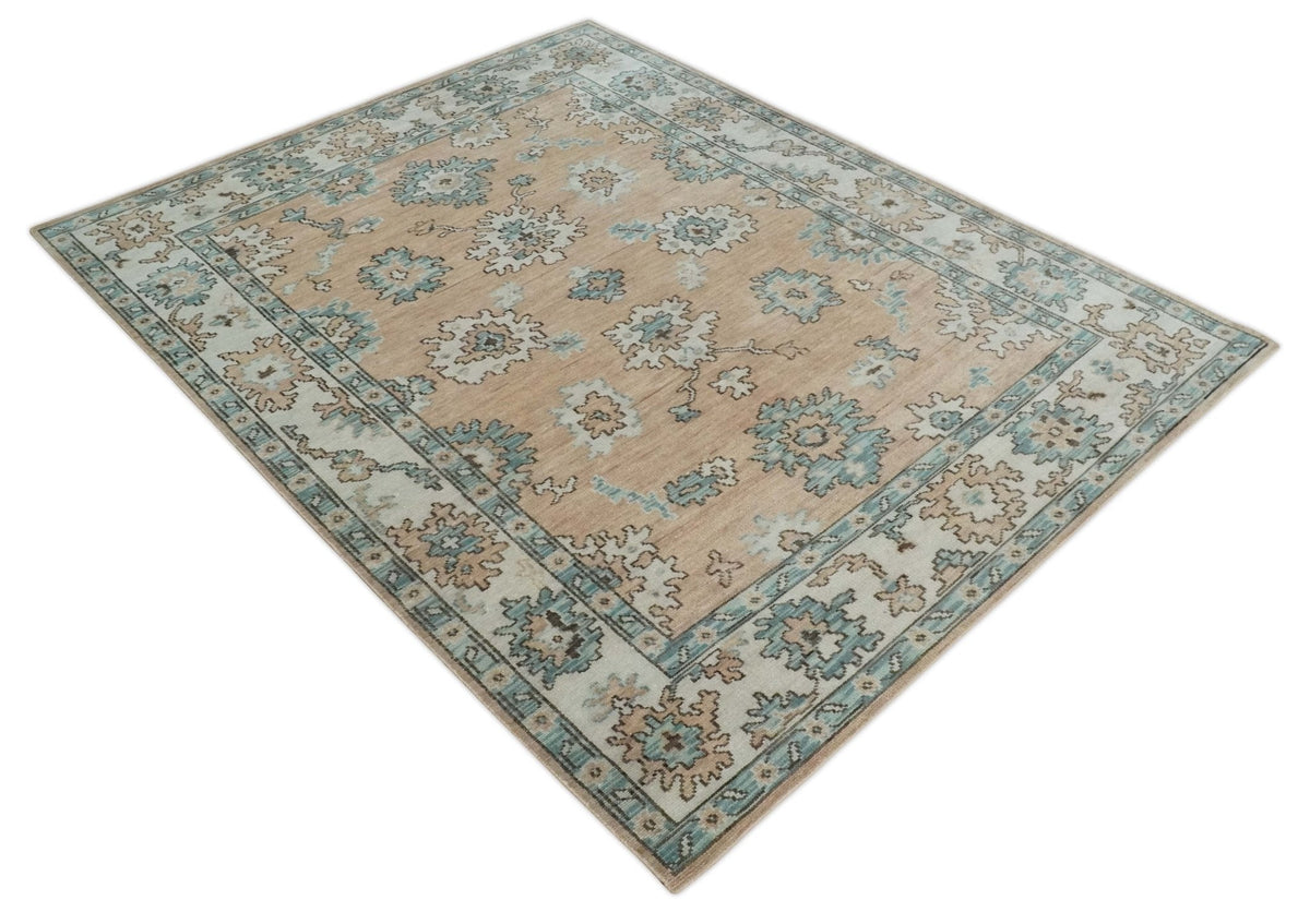 Peach, Ivory and Teal Hand knotted Traditional Oushak Multi Size wool Area Rug