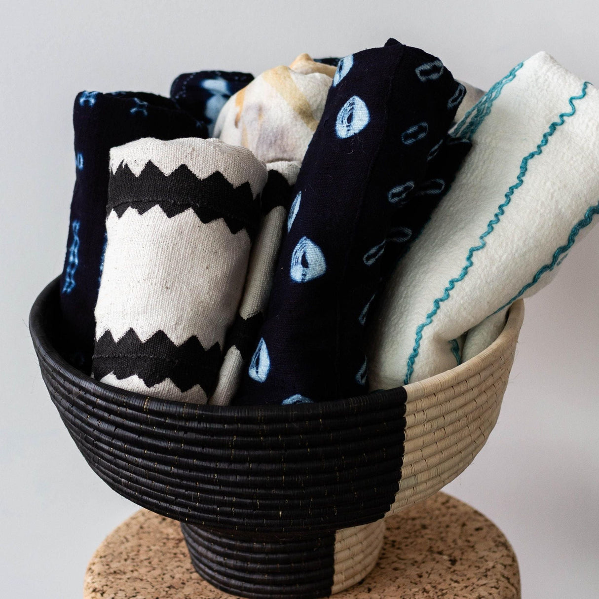 Pedestal Black and Natural Basket Bowl-Baskets & Vessels-Parc Decor