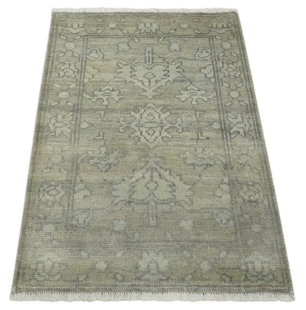 Persian Oushak 2x3 Hand Knotted Beige and Gray Traditional Wool Rug