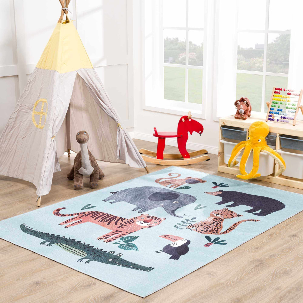 Petey Blue Animal Print Washable Kids Rug - Clearance-Rugs-Parc Decor