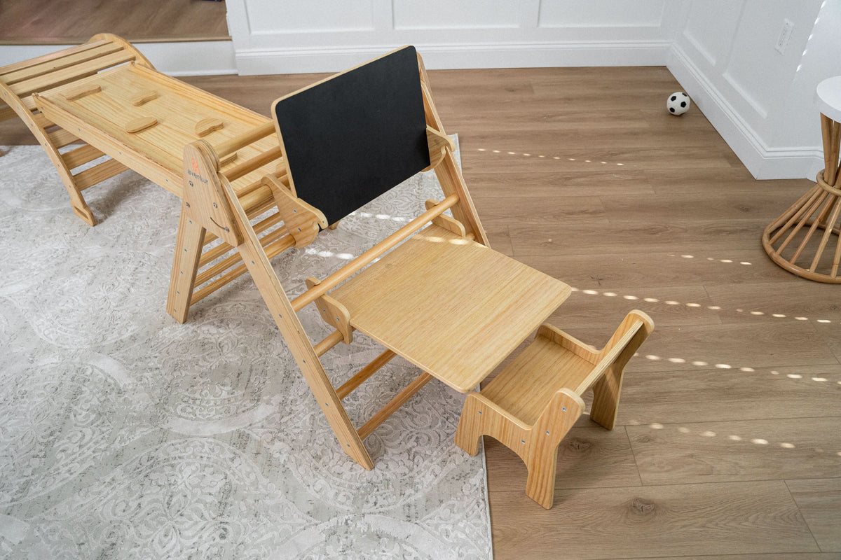 Pikler Triangle Desk & Chair Attachment | Toddler Desk with Chalkboard for Hazel & Olive Climbers