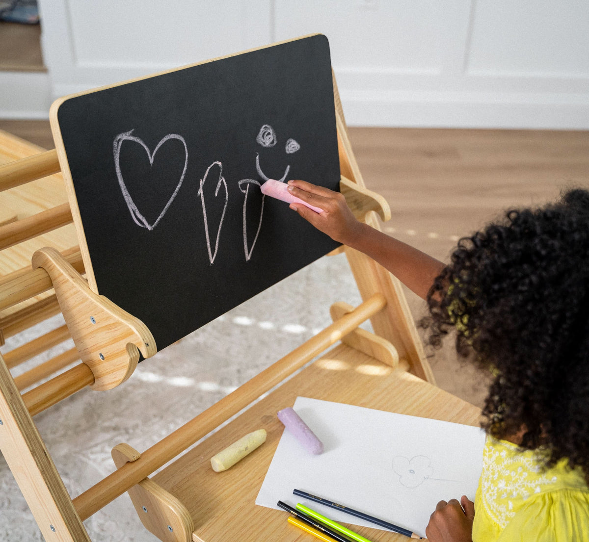 Pikler Triangle Desk & Chair Attachment | Toddler Desk with Chalkboard for Hazel & Olive Climbers