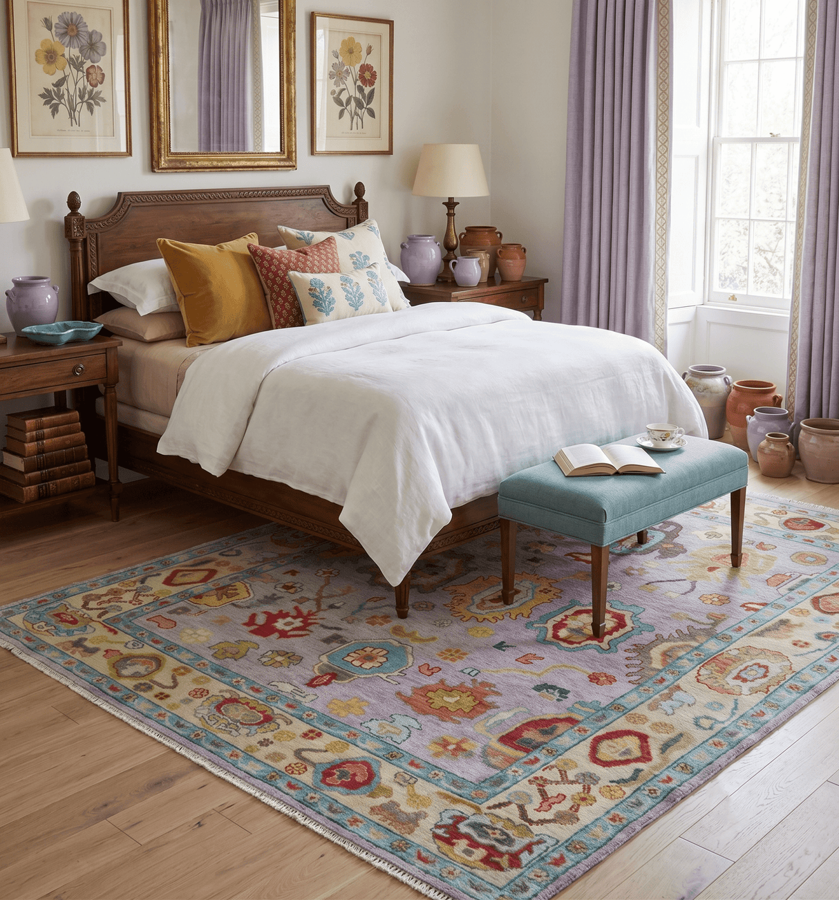 Pink and Beige Vibrant Colorful Hand knotted Traditional Oushak Area Rug