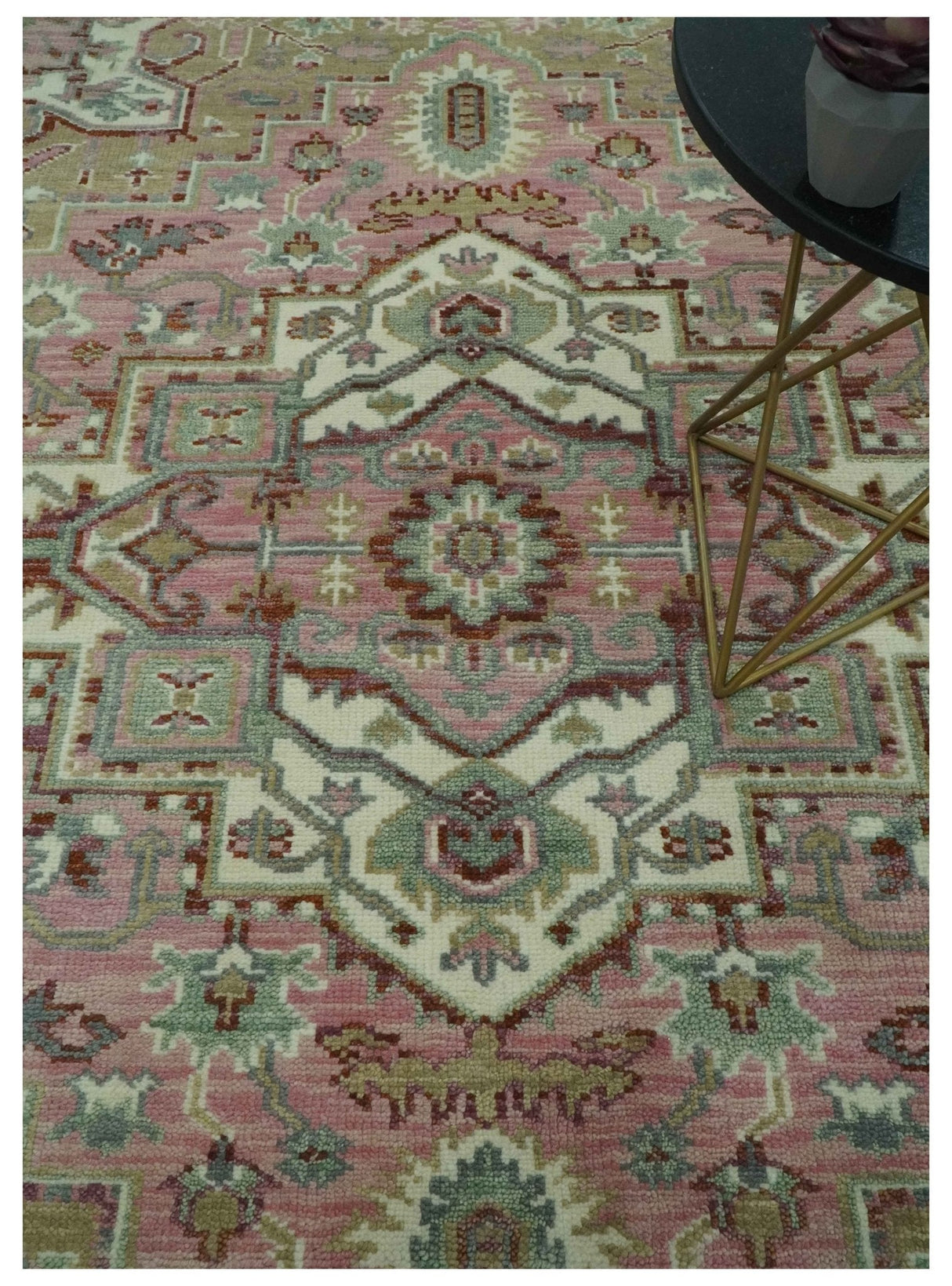Pink, Ivory and Olive Hand Knotted Traditional Custom Made Size wool Rug