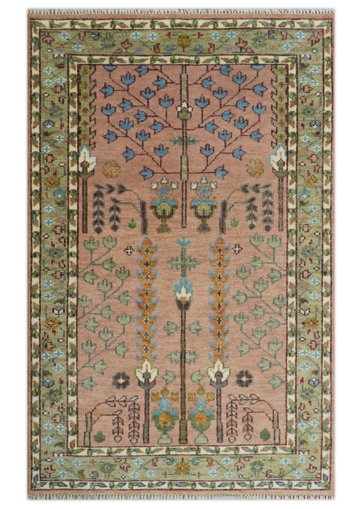 Pink, Olive and Beige vintage Traditional Tree of Life Custom Made Serapi Wool Rug