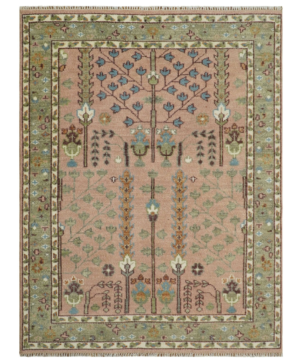 Pink, Olive and Beige vintage Traditional Tree of Life Custom Made Serapi Wool Rug