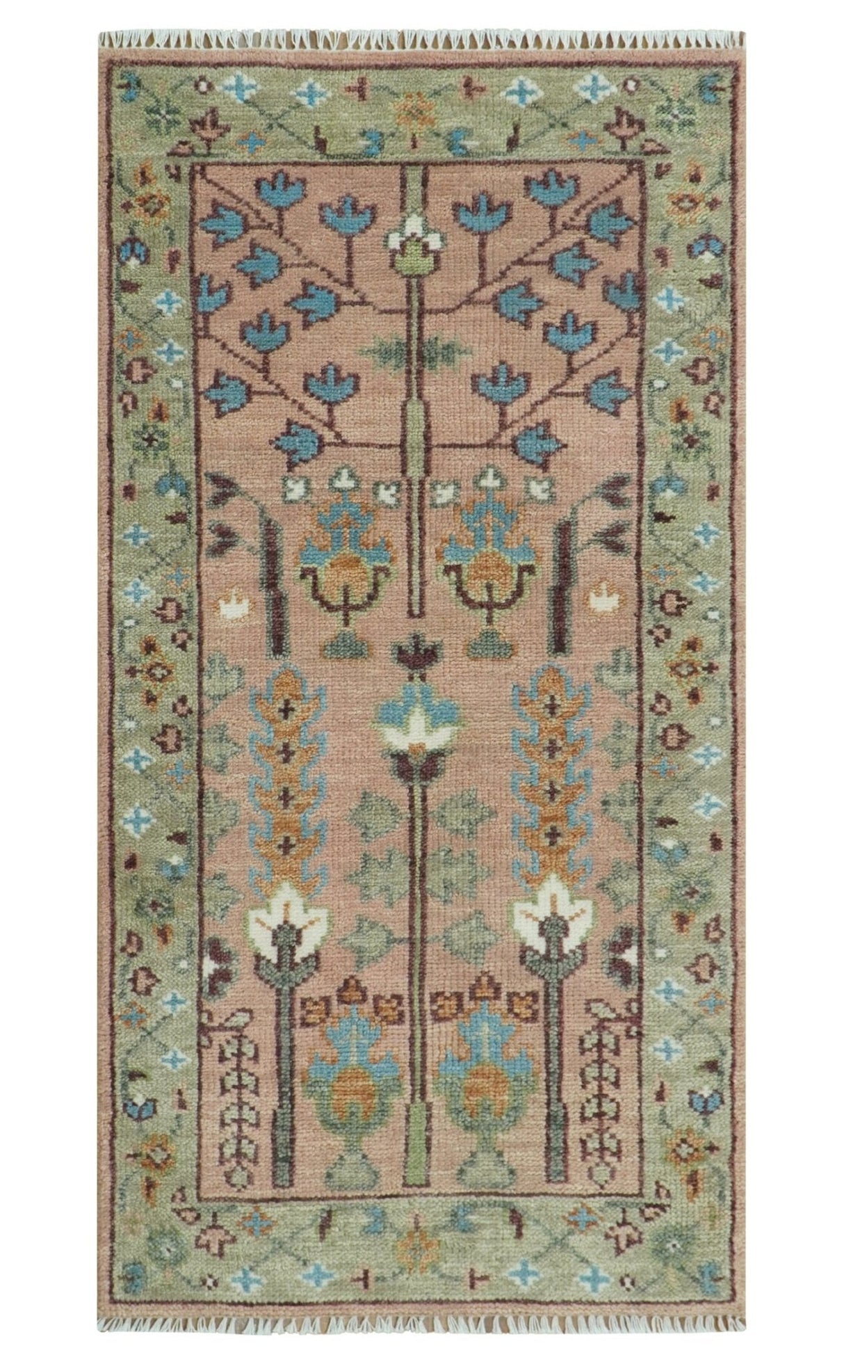 Pink, Olive and Beige vintage Traditional Tree of Life Custom Made Serapi Wool Rug