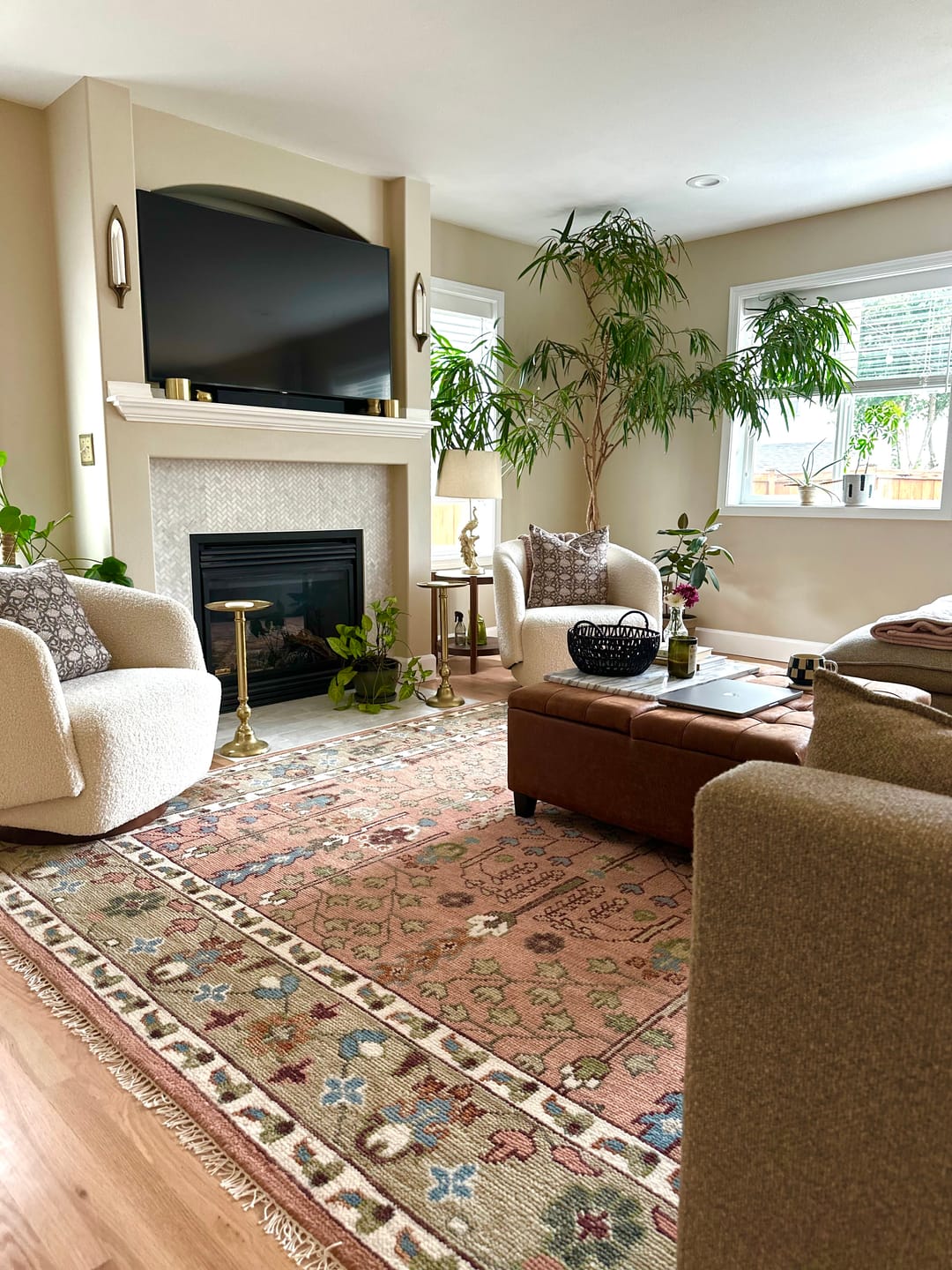 Pink, Olive and Beige vintage Traditional Tree of Life Custom Made Serapi Wool Rug