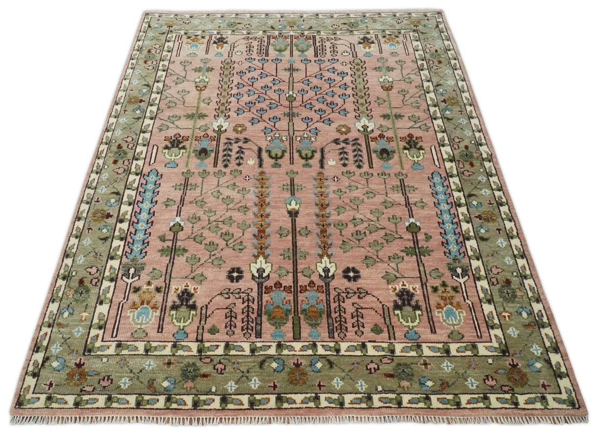 Pink, Olive and Beige vintage Traditional Tree of Life Custom Made Serapi Wool Rug