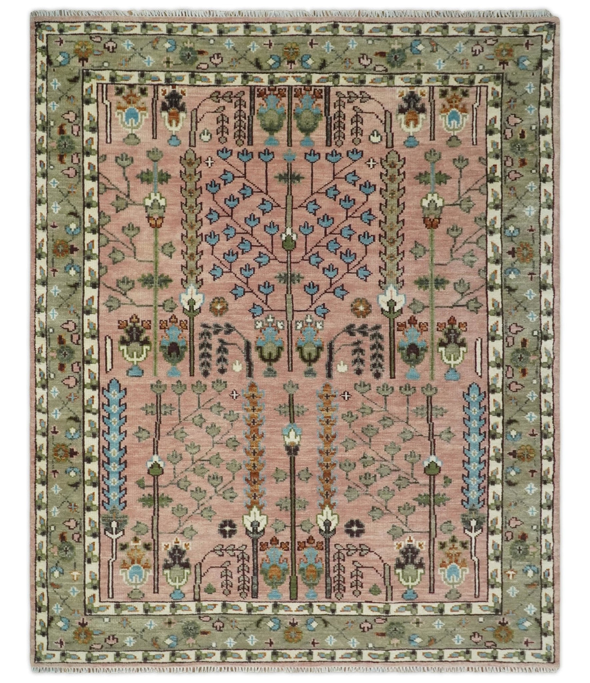 Pink, Olive and Beige vintage Traditional Tree of Life Custom Made Serapi Wool Rug