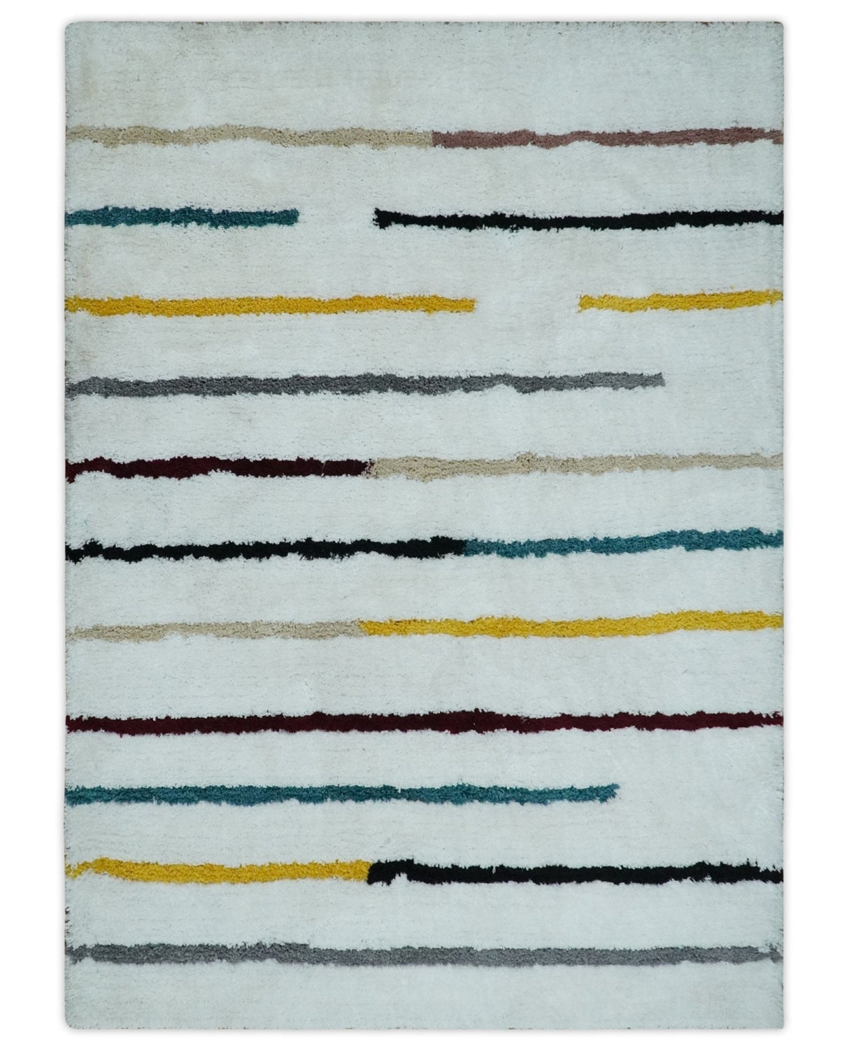 Plush and Thick Hand Woven Shag White with multicolor Stripes Soft Area Rug | SHAG2