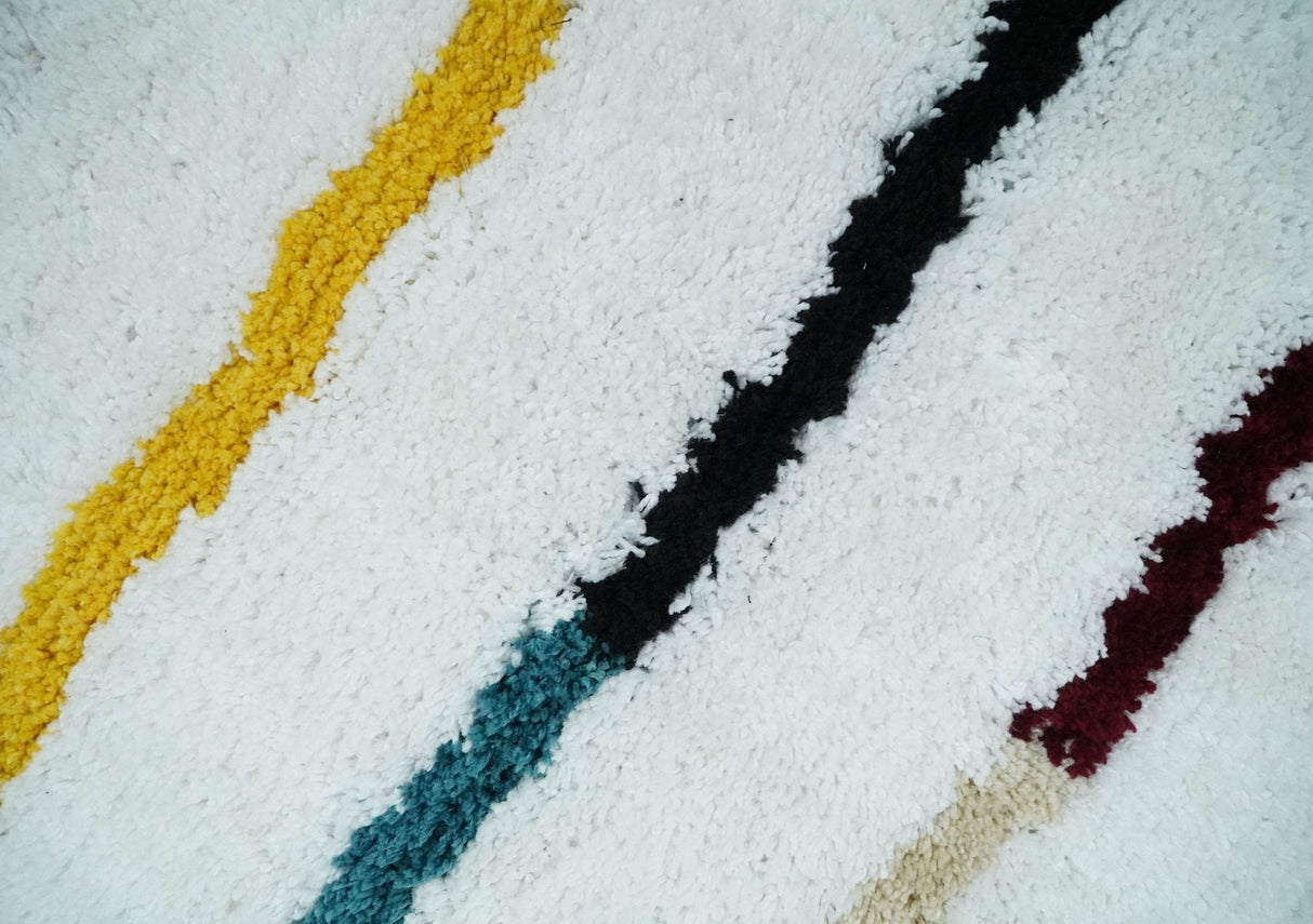 Plush and Thick Hand Woven Shag White with multicolor Stripes Soft Area Rug | SHAG2