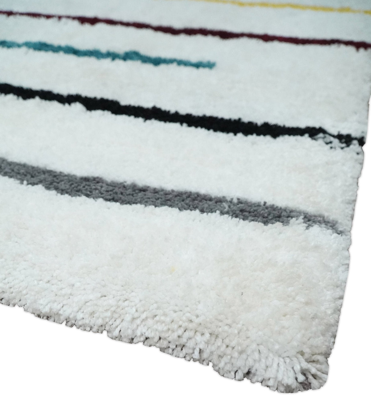 Plush and Thick Hand Woven Shag White with multicolor Stripes Soft Area Rug | SHAG2