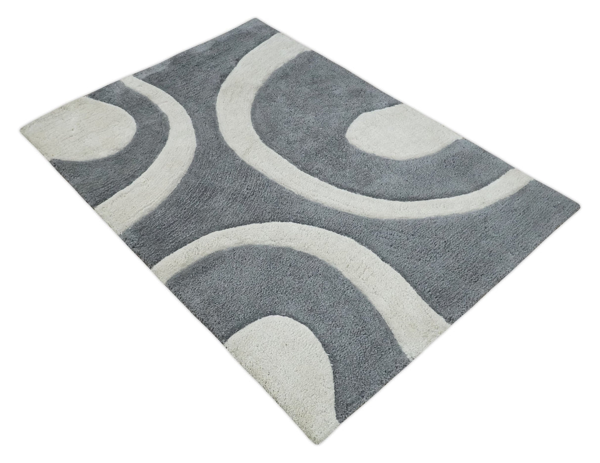 Plush Contemporary 3x5, 4x6 and 5x7 Hand Woven Shag Ivory and Gray Art Silk Soft Area Rug-Area Rug-Parc Decor