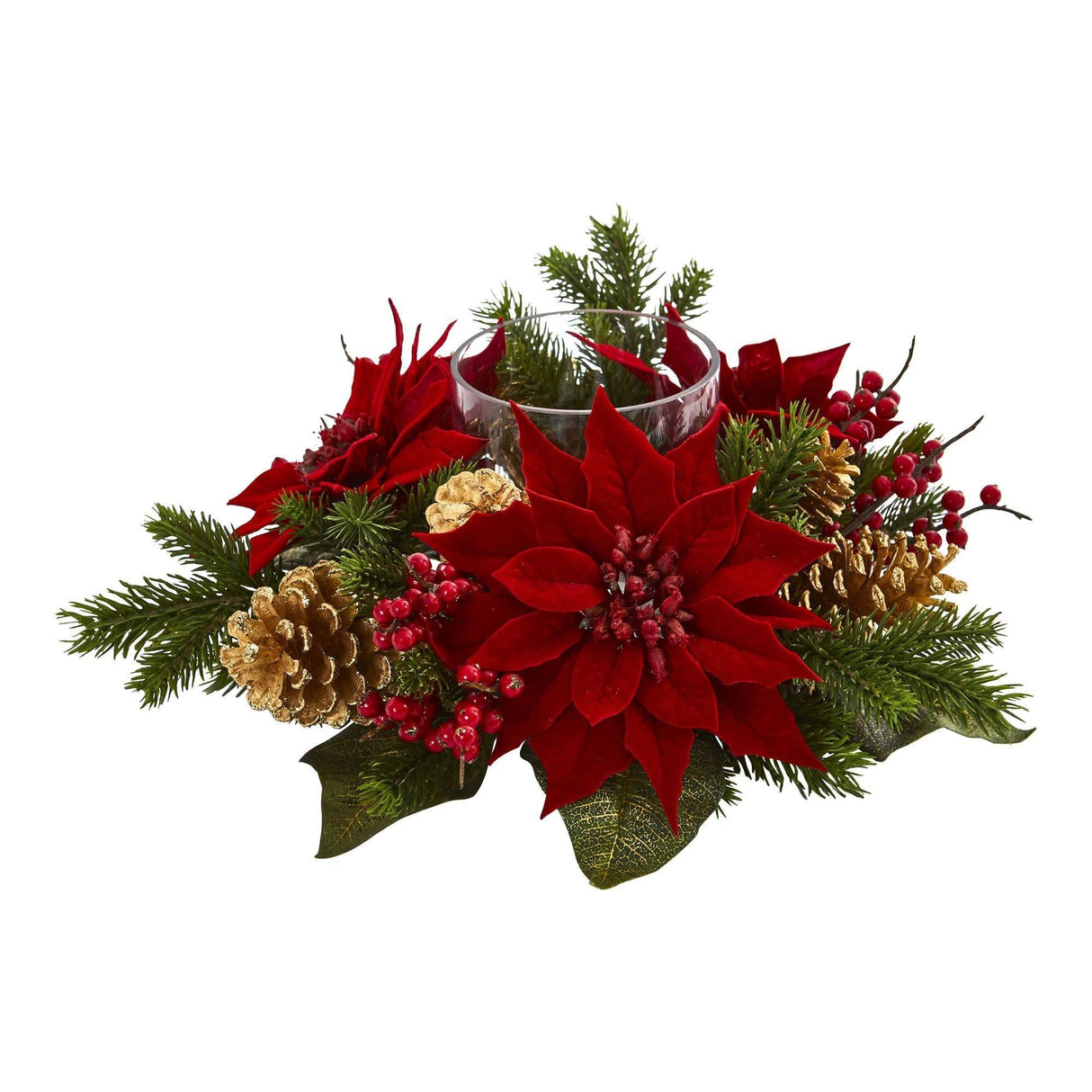 Poinsettia, Berry and Golden Pine Cone Candelabrum Artificial Arrangement-Candelabrum-Parc Decor