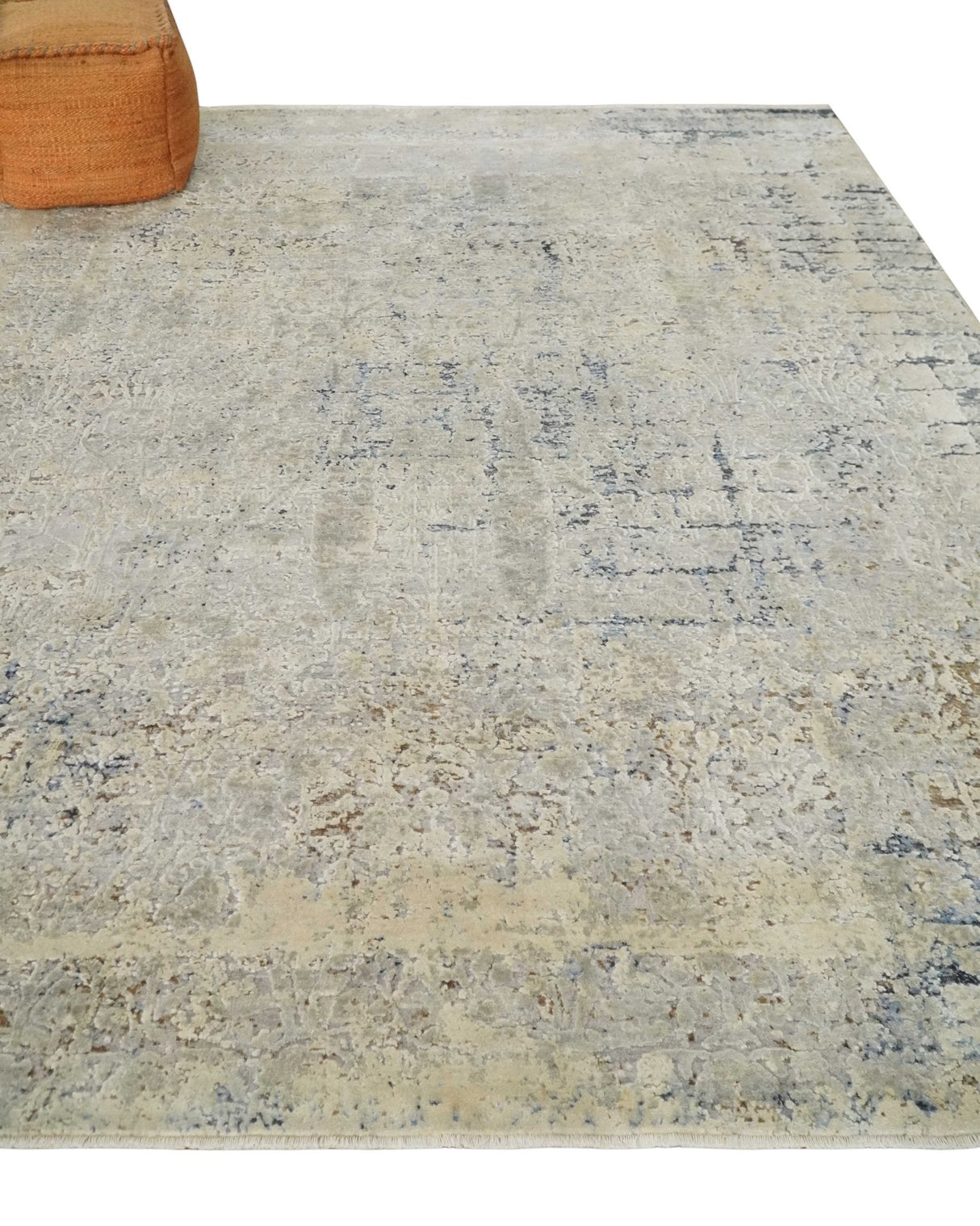 Premium Fine 8x10 Silver, Beige and Charcoal Traditional Floral High Low texture Hand Knotted Wool and Art Silk Rug-Area Rug-Parc Decor